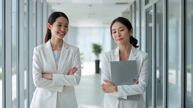明るいオフィス通路で並んで微笑む白スーツの日本人同僚のチームワーク
