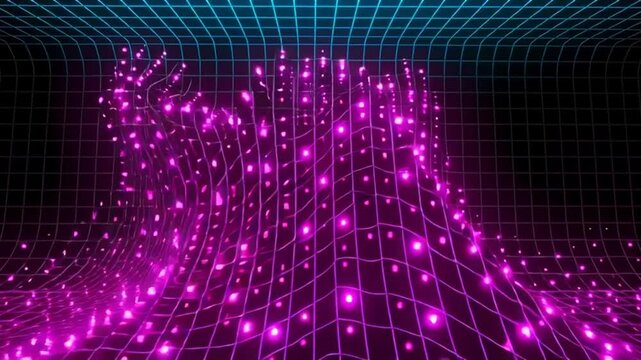 Vibrant purple lights form a futuristic grid pattern on a dark background with a grid ceiling.
