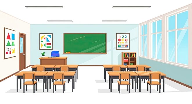 Empty elementary school classroom with desks and green chalkboard
