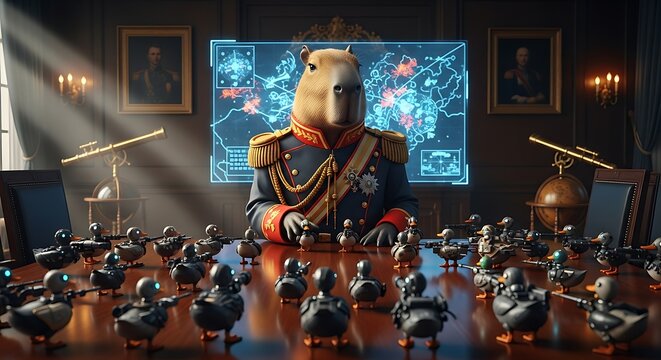 Surreal digital art of a capybara general in a formal military uniform commanding an army of small toy ducks in a tactical war room command center