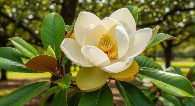 Magnificent Magnolia Blossom in Full Bloom with Green Leaves.