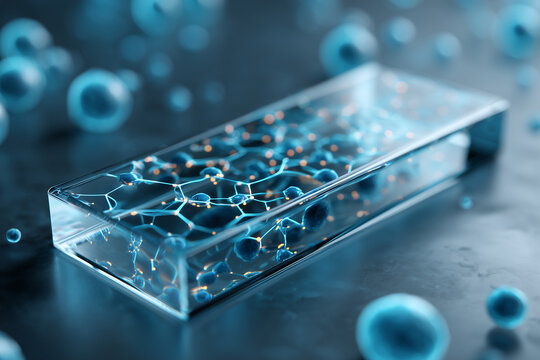 Microscope slide specimen with molecule pattern in cool cyan lab lighting