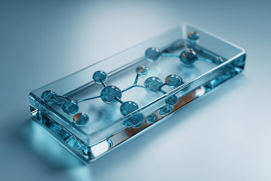 Microscope slide specimen with molecule pattern in cool cyan lab lighting
