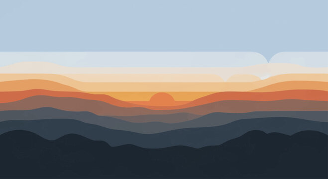 Abstract Mountain Landscape Sunset Sunrise Horizon Vector Illustration.