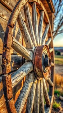 A closeup of an old wagon wheel, worn and rustic with patina, cracked and chipped edges, wooden spokes visible, weathered surface, dirt and grime acc