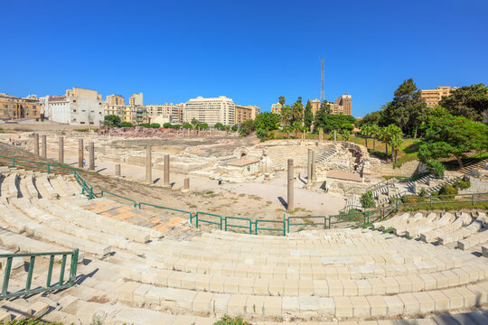The 4th century Roman Theatre, Imperial Bath Complex and other ruins at the ancient Kom El Deka Archaeological site in Alexandria, Egypt.