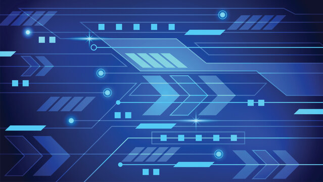 Abstract blue arrow glowing with lighting and line grid on blue background technology for business, corporate, banner.