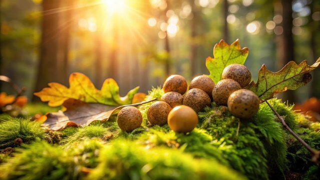 A realistic photo of oak galls on leaves lying on green moss in the forest