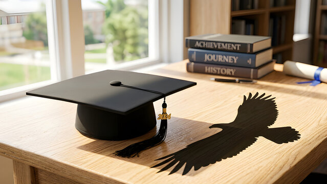 Realistic surreal photo of a graduation cap casting a shadow of a soaring eagle representing freedom.