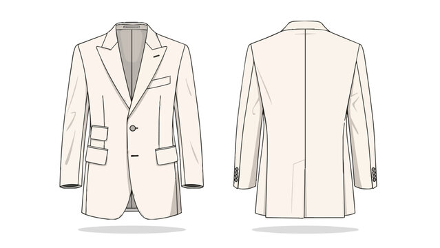 Men's Cream Tailored Blazer Suit Jacket Technical Flat Sketch Vector Front and Back View