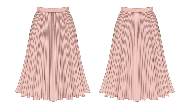 Pink Pleated Midi Skirt Vector Technical Sketch Front and Back View Women's Fashion Apparel Flat Template