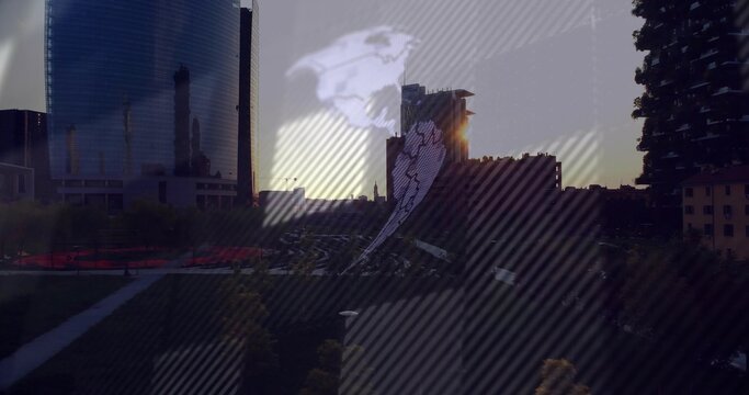 Reflecting curved glass tower dominating left at dusk park, showing globe overlay, copy space