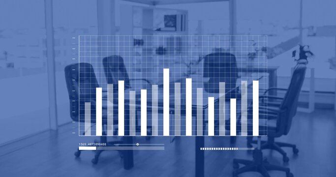 Displaying translucent white bar chart HUD over long conference table in office, with black chairs