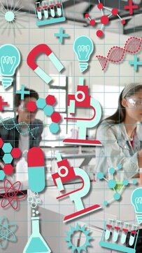 Vertical video: Students handling sample as icons sliding in from top left, obscuring lab for demo