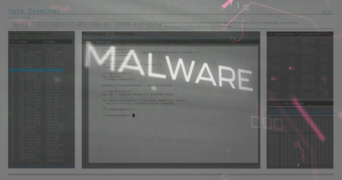Displaying central terminal window showing code on display, with MALWARE watermark and ID or PASS li