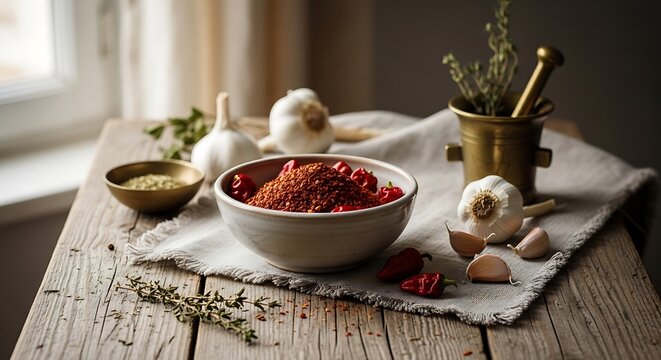 Aleppo pepper in a bowl with garlic and herbs on a rustic wooden table for a top down view showing culinary ingredients for spicy middle eastern cooking