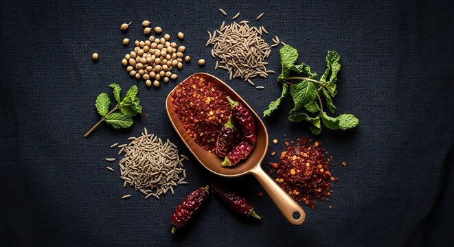 A top-down view of culinary ingredients including aleppo pepper flakes, whole dried chili peppers, cumin seeds, coriander seeds, and fresh mint leaves
