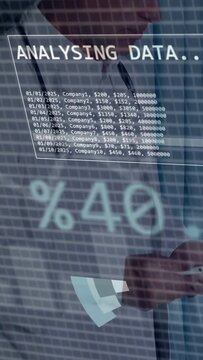 Vertical video: Doctor tapping phone through mesh, analysing medical data with rotating % chart