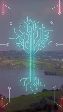 Vertical video: Faint cyan crescent spawning circuit tree forming pulsing showing growth