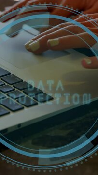 Vertical video: Hands hovering, DATA PROTECTION, HUD rings tracking fingers, typing securing data