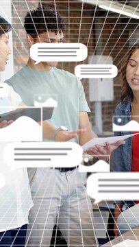Vertical video: Team tapping tablet and exchanging paper, activating wiregrid UI in business review