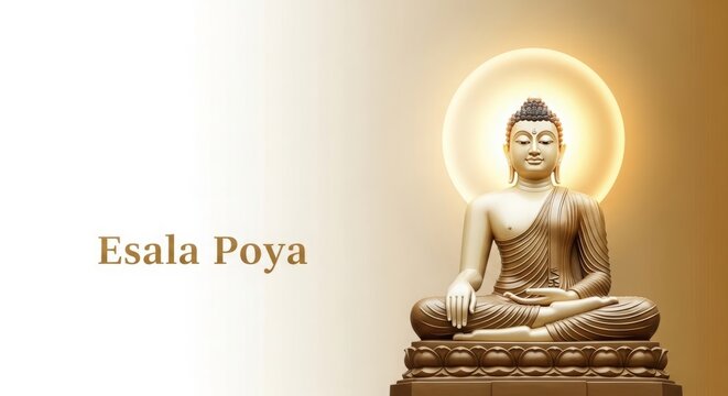 Golden Esala Poya Festival Banner with Buddha Statue and Sacred Halo Light in Elegant White and Gold Gradient Background for Religious Celebration