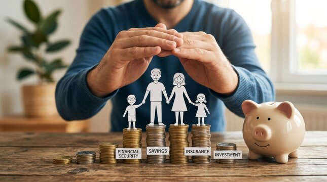 Man protecting family financial future with hands over paper cutout figures on stacked coins. Family security, savings planning, insurance coverage, investment strategy.