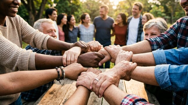 Diverse group of people stacking hands together in unity circle outdoors. Community teamwork, collaboration, inclusion, charitable partnership, and collective support concept.