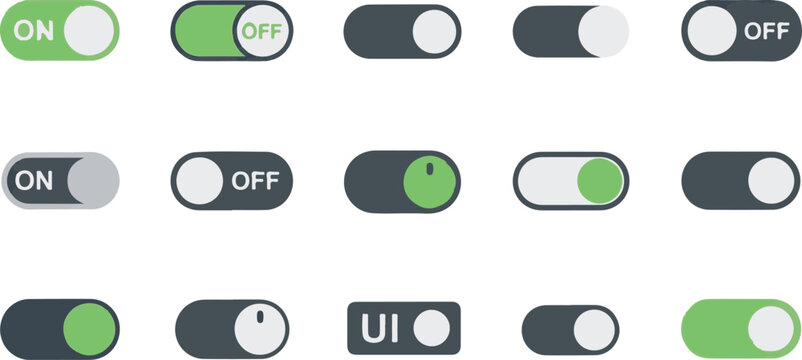 Minimalist UI toggle switch icons set, flat vector on and off slider buttons, green and grey interface control elements for mobile apps and web design