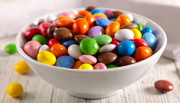 Colorful candy in white bowl.