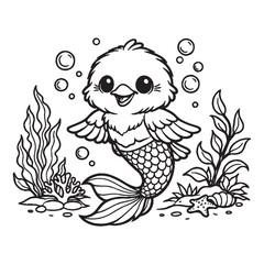 Fototapeta premium Cute Baby Bird Mermaid Underwater Coloring Page — Kawaii Fantasy Sea Creature Printable for Kids and Beginners