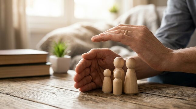 Hand protecting wooden peg people figures on desk with books and plant. Family protection insurance, team management, workforce security, employee benefits, and risk mitigation concept.