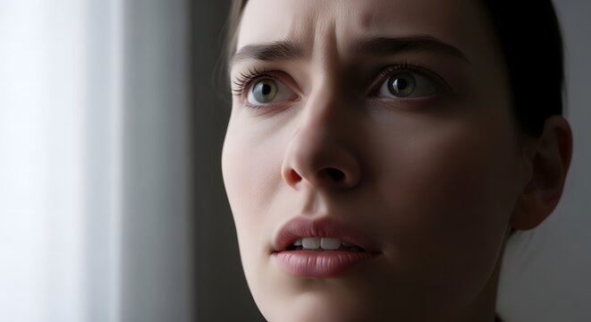 A close-up shot of a young woman with wide, anxious eyes and a furrowed brow, looking off to the side with a worried expression.