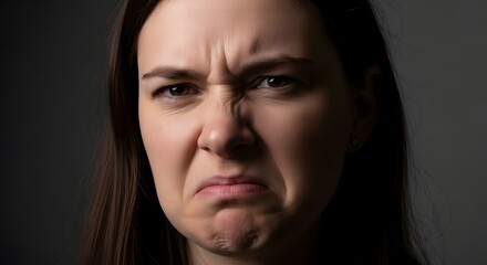 Fototapeta premium A close-up portrait of a young woman with a disgusted expression, wrinkling her nose and frowning.