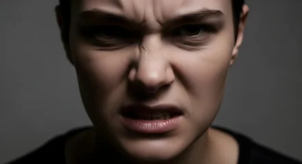 A close-up portrait of a person with a grimace of intense frustration or anger, their brow furrowed and teeth bared. © Eni