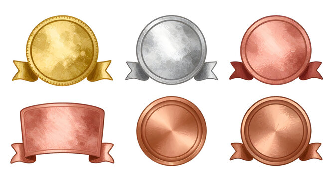 award medal set, gold silver bronze badges, first second third prize, winner medal icons, blank award circles, achievement badge design, championship medals, victory emblem collection, ranking prize b