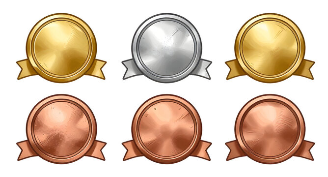 award medal set, gold silver bronze badges, first second third prize, winner medal icons, blank award circles, achievement badge design, championship medals, victory emblem collection, ranking prize b