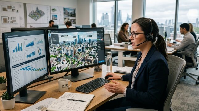 Female architect wearing headset at dual monitor workstation viewing urban development 3D visualization and analytics dashboard.
