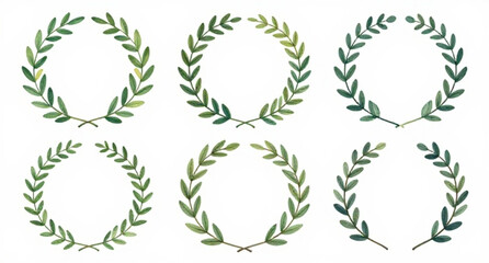 Obraz premium green laurel wreath, hand drawn wreath, victory symbol set, award emblem design, achievement badge icon, honor wreath illustration, winner laurel branches, decorative leaf frame, success symbol graphi