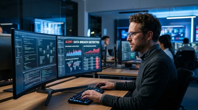 Cybersecurity analyst monitoring data breach alert on multiple screens in SOC control room. Network security threat detection, incident response, real-time monitoring, cyber attack prevention.