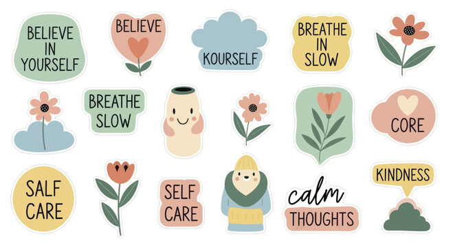 Collection of self-care and positive affirmation stickers with floral elements and cute characters.