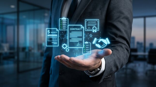 Businessman holding digital hologram displaying invoice, contract, certificate, checklist, and handshake icons. Business document management, digital contract workflow, compliance automation.