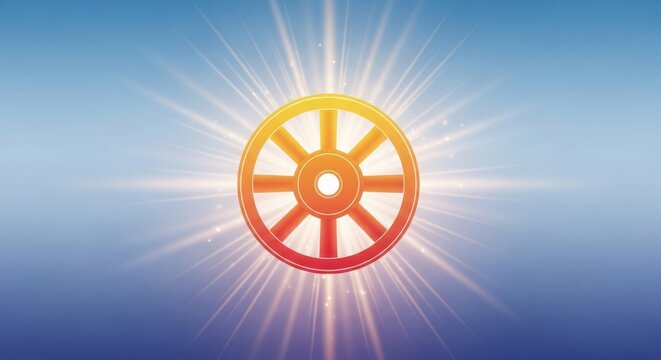 Sacred Asalha Puja Background with Golden Dharma Wheel and Radiant Light Rays on Gradient, Large Copy Space for Buddhist Spiritual Celebration