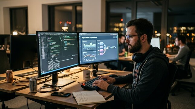 Software developer working on dual monitor setup with code editor and data visualization dashboard at night. Professional programming, full-stack development, technical innovation.