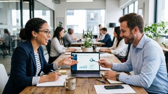 Business professionals analyzing Q1 strategy growth initiatives on laptop displaying pie charts and bar graphs in modern office meeting.