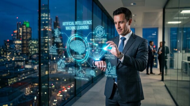 Businessman interacting with glowing holographic AI and machine learning interface displaying neural networks, cloud data, and predictive analytics in modern high-rise office with cityscape.