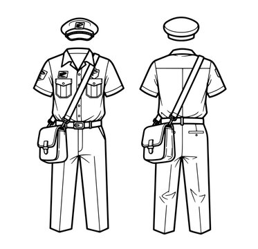 Vector line art of a mail carrier uniform with satchel, peaked cap, and shirt, front and back.