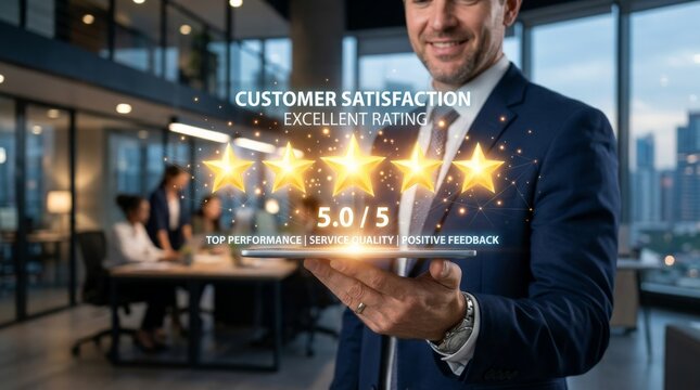 Businessman displaying five-star customer satisfaction rating with glowing stars in modern office environment. Excellent service quality, top performance feedback, positive review testimonial.
