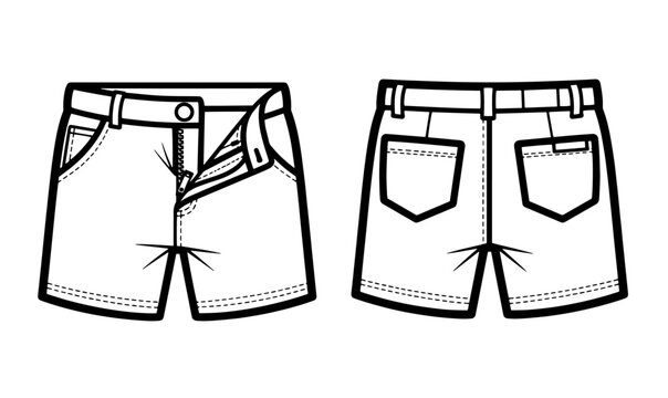 Vector line art of casual denim shorts with pocket details, front and back view.