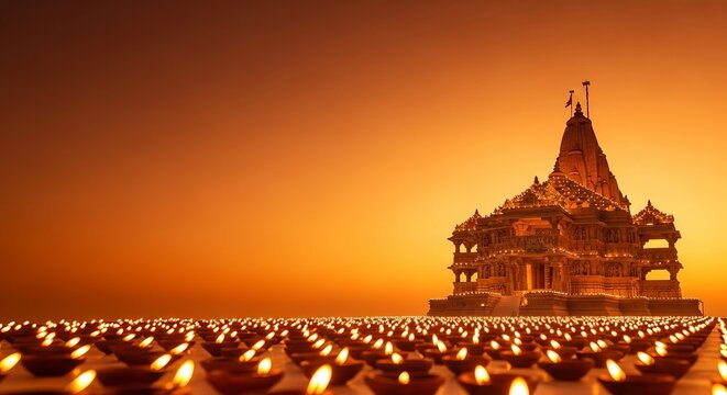 Ashadha Chaumasi Chaudas Banner in Warm Orange and Gold Gradient Tones, Jain Temple and Glowing Lamps for Holy Festival Celebration Background